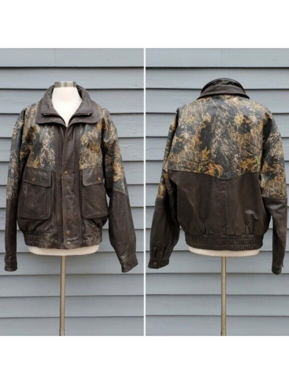 Vintage 90s y2k Legendary Whitetails Mossy Oak Breakup Camo‎ Leather Bomber Lg